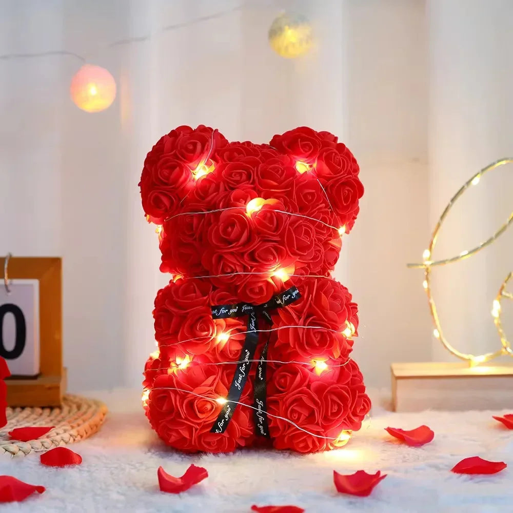 25Cm Artificial Teddy Rose Flower Bear with Box