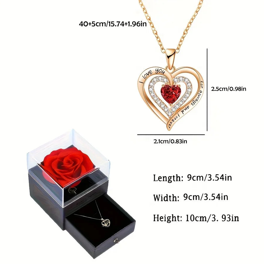 Love Heart Zircon Necklace with Rose Flower