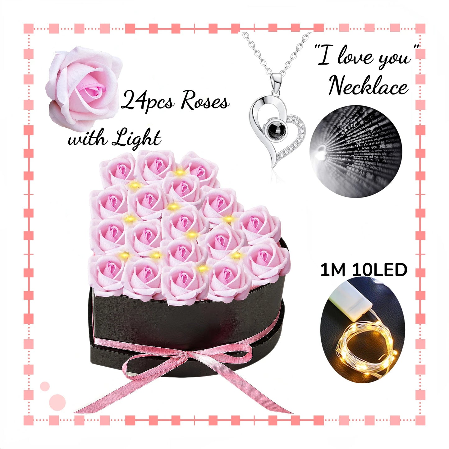 24pcs Artificial Rose Bouquet Heart Shape Rose Gift Box 100 Languages I Love You Necklace Eternal Roses Valentine's Gift for Her