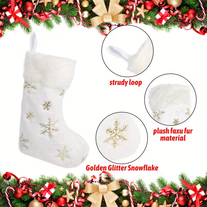Set of 4 White Plush Christmas Stockings