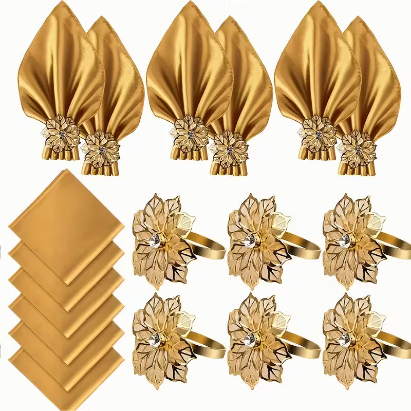 Satin Napkins with Golden Floral Napkin Rings