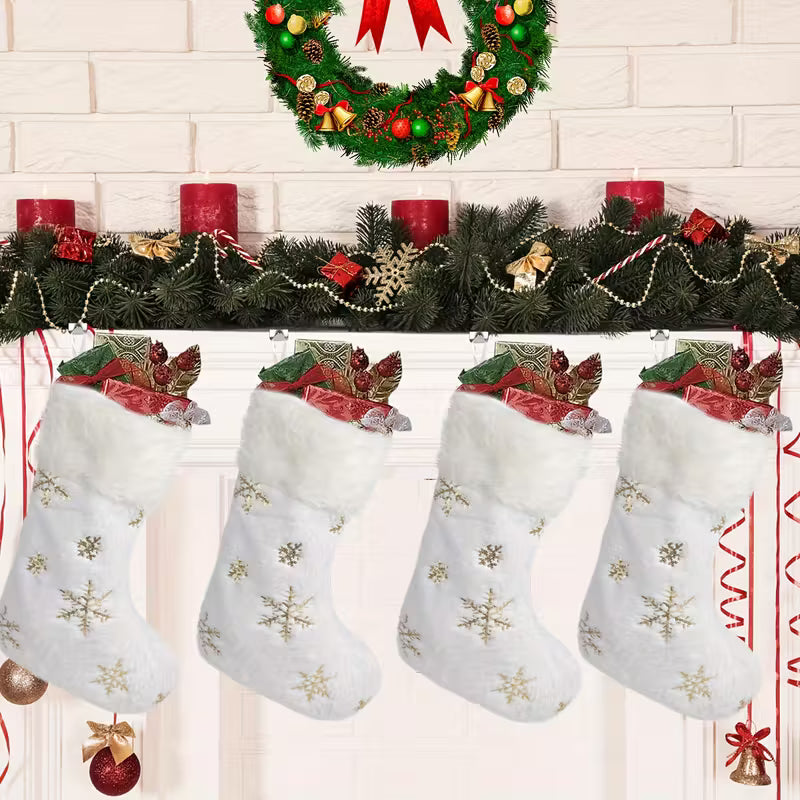 Set of 4 White Plush Christmas Stockings