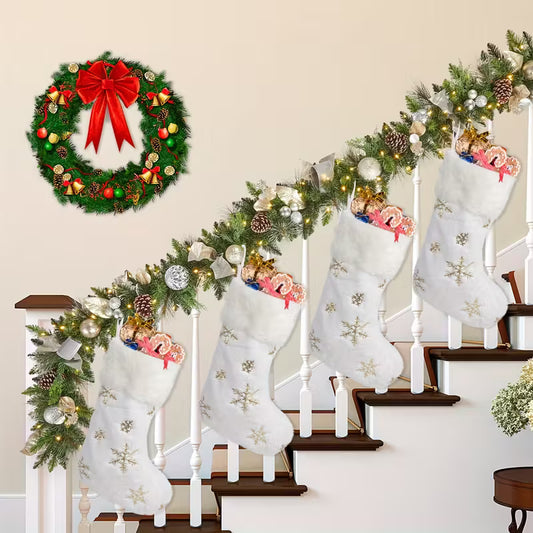 Set of 4 White Plush Christmas Stockings