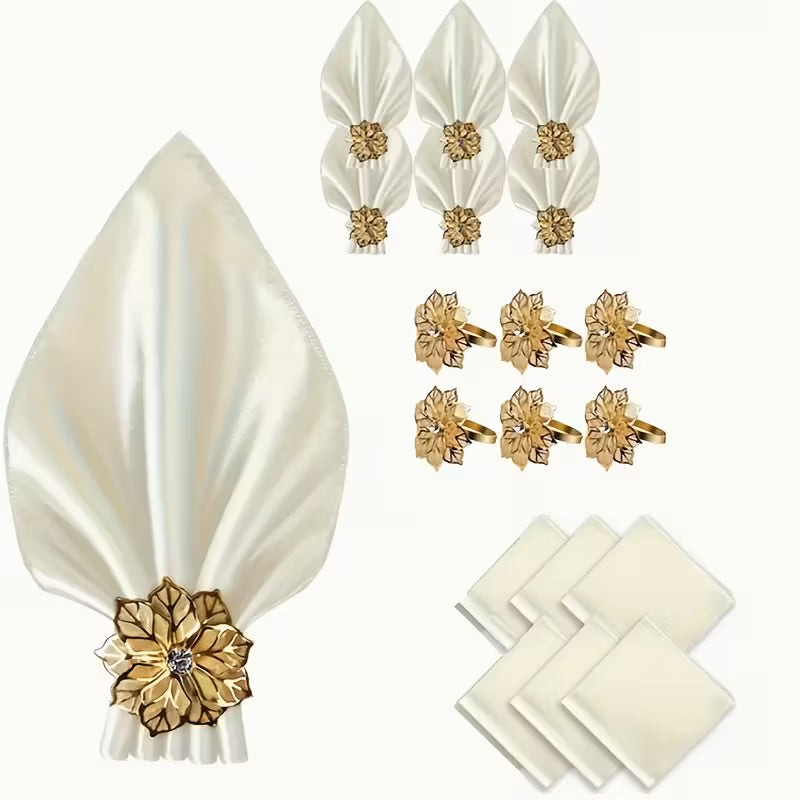Satin Napkins with Golden Floral Napkin Rings