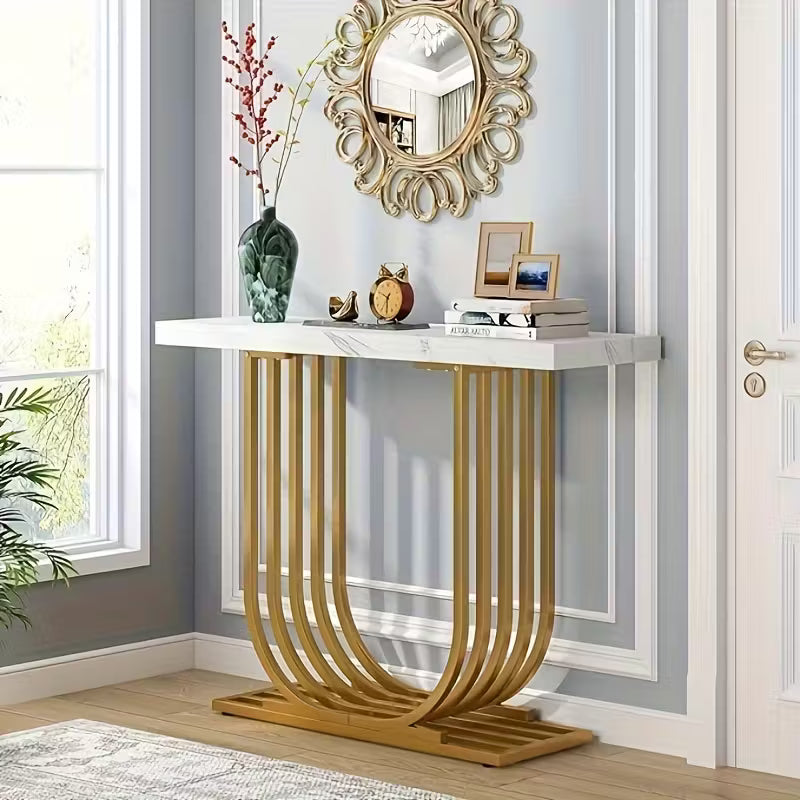 Modern Console Table with Golden Base Faux Marble Top