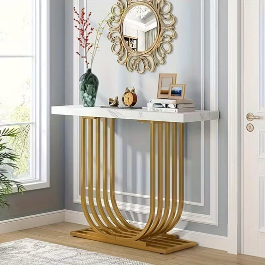 Modern Console Table with Golden Base Faux Marble Top