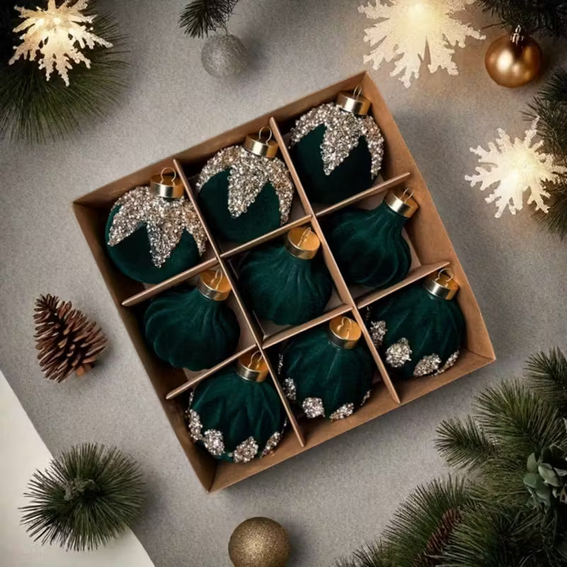 Burgundy Sequin Flocked Christmas Ball Ornaments