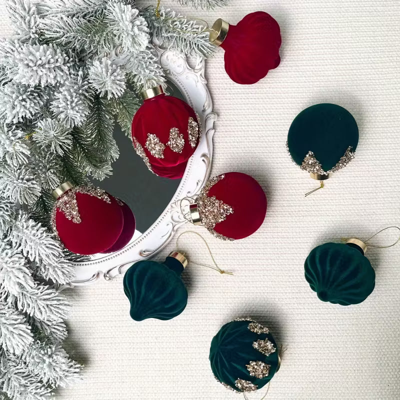 Burgundy Sequin Flocked Christmas Ball Ornaments