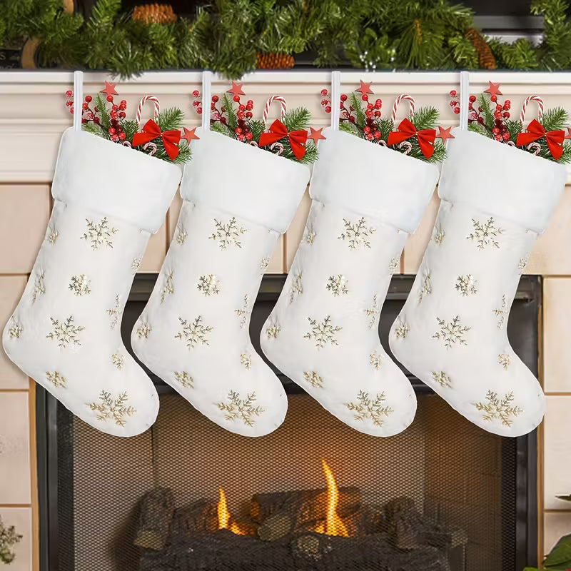 Set of 4 White Plush Christmas Stockings