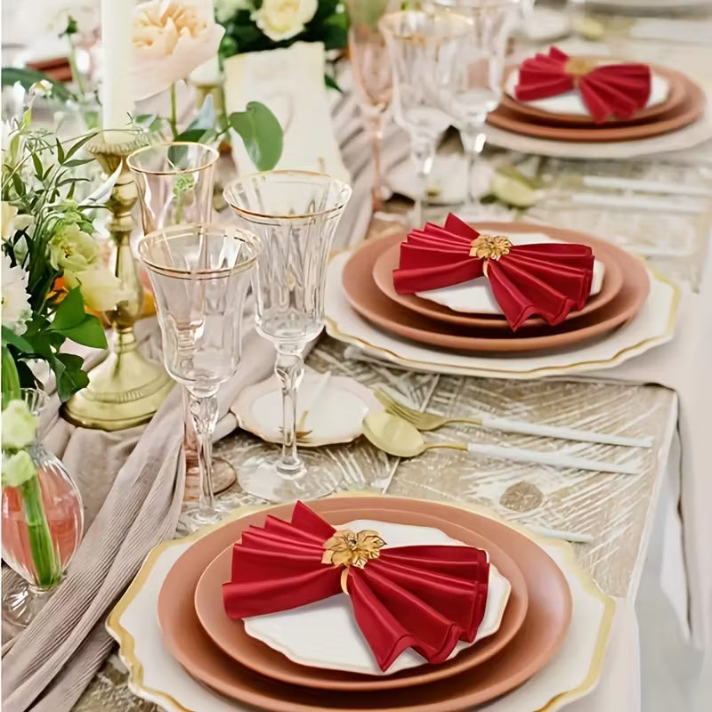 Satin Napkins with Golden Floral Napkin Rings
