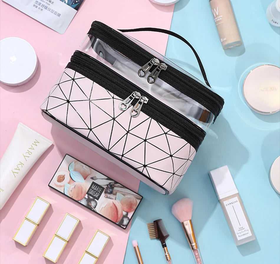 Multifunction Double Transparent Cosmetic Bag Women Make Up Case Big Capacity Travel Makeup Organizer Toiletry Beauty Storage