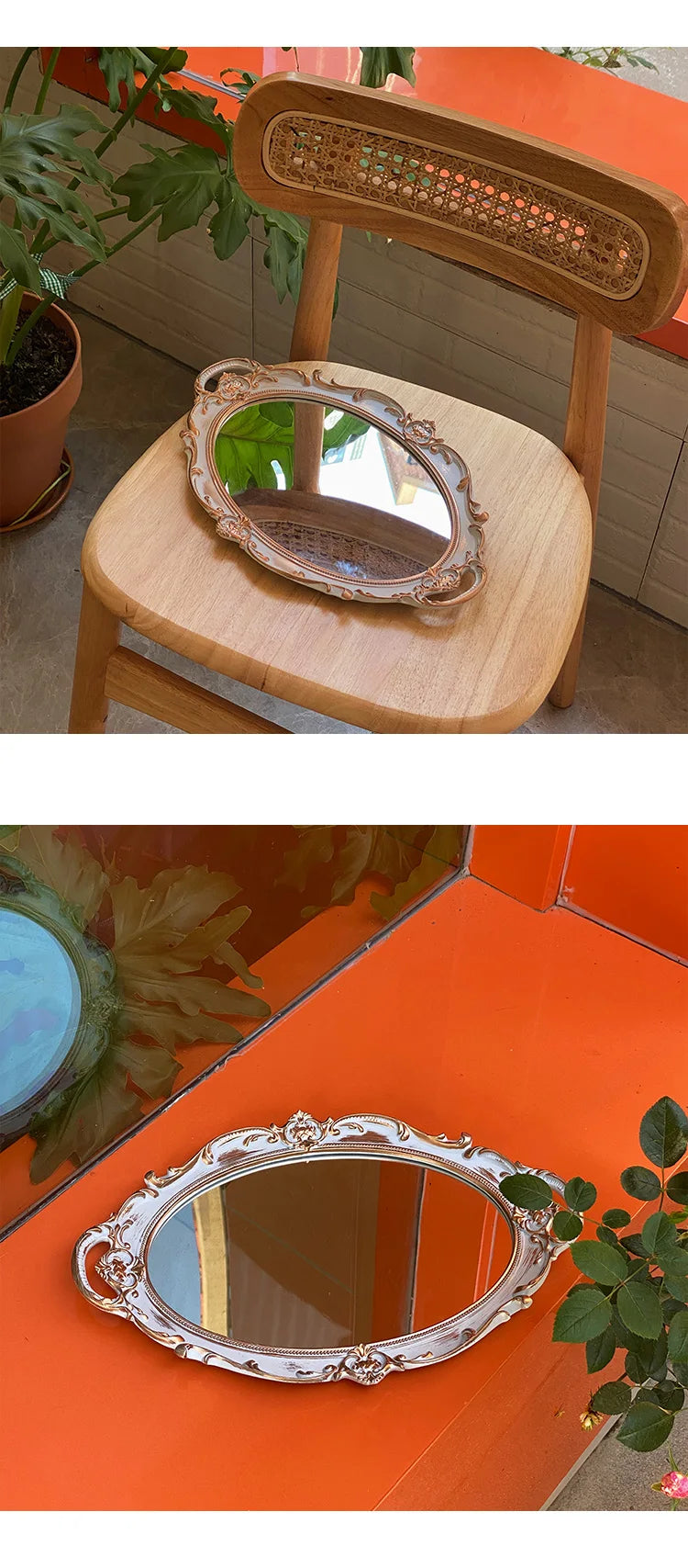 European Decorative Plate Storage Tray Oval Plate Jewelry Display Rotary Candy Decor Tray Mirror Decorative Make Up Mirror