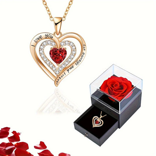 Love Heart Zircon Necklace with Rose Flower