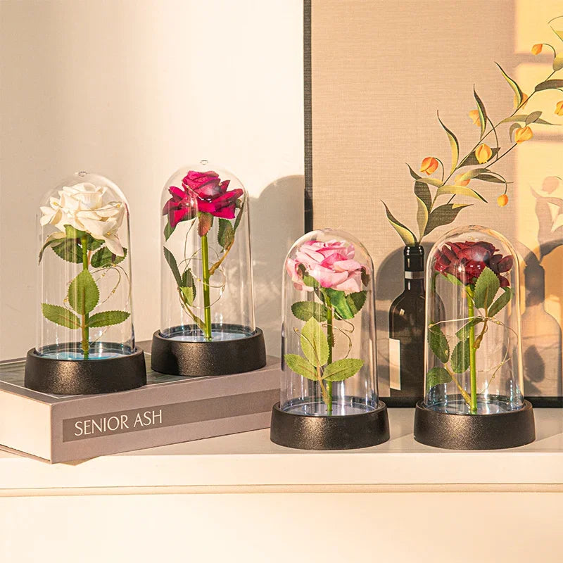 Artificial Rose with LED Light in Glass Dome