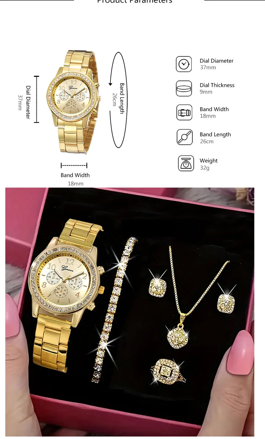 5 PCS Set Gold Watch Women Luxury Ring Necklace Earrings Rhinestone Fashion Wristwatch Female Casual Watches Bracelet Set