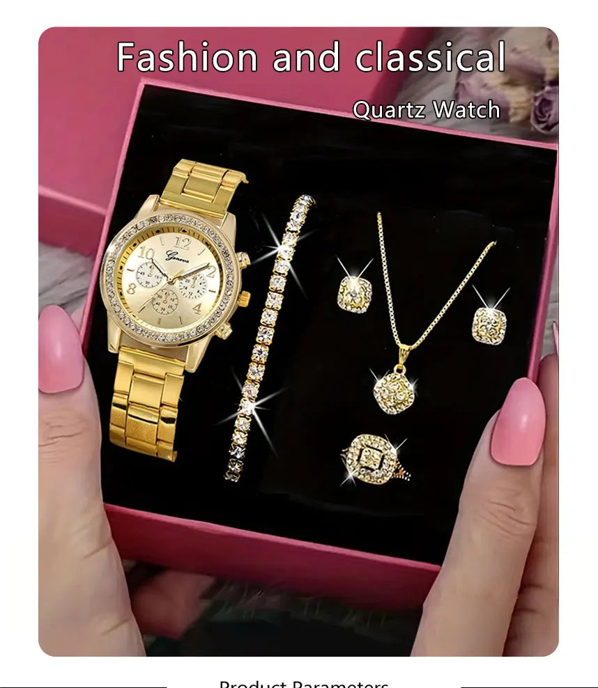 5 PCS Set Gold Watch Women Luxury Ring Necklace Earrings Rhinestone Fashion Wristwatch Female Casual Watches Bracelet Set