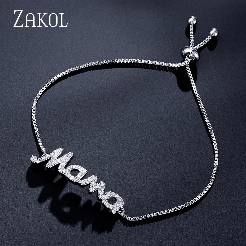 ZAKOL Exquisite Mother's Day Jewelry Gift Mom Letter Sparkling Micropaved Zirconia Gold Color Adjustable Chain Bracelets