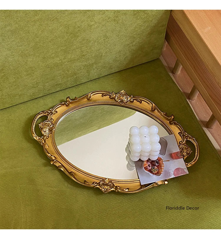 European Decorative Plate Storage Tray Oval Plate Jewelry Display Rotary Candy Decor Tray Mirror Decorative Make Up Mirror