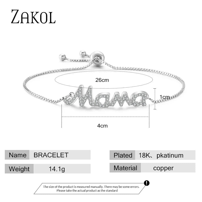 ZAKOL Exquisite Mother's Day Jewelry Gift Mom Letter Sparkling Micropaved Zirconia Gold Color Adjustable Chain Bracelets
