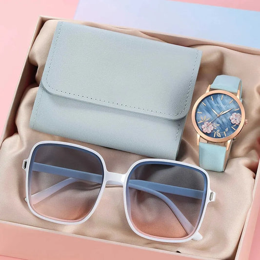 Casual Belt Watch with Simple Wallet & Glasses Set