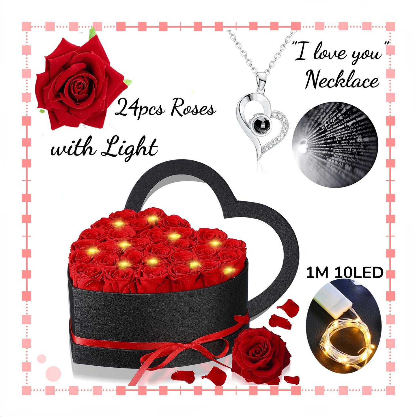 24pcs Artificial Rose Bouquet Heart Shape Rose Gift Box 100 Languages I Love You Necklace Eternal Roses Valentine's Gift for Her