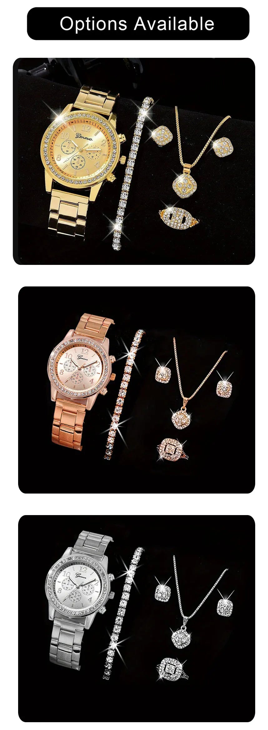 5 PCS Set Gold Watch Women Luxury Ring Necklace Earrings Rhinestone Fashion Wristwatch Female Casual Watches Bracelet Set