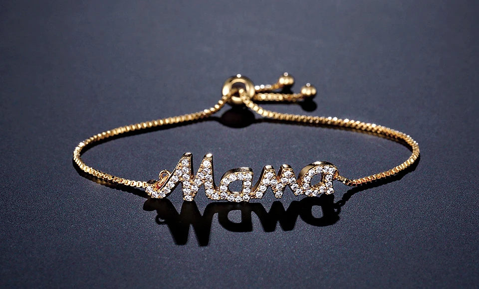 ZAKOL Exquisite Mother's Day Jewelry Gift Mom Letter Sparkling Micropaved Zirconia Gold Color Adjustable Chain Bracelets