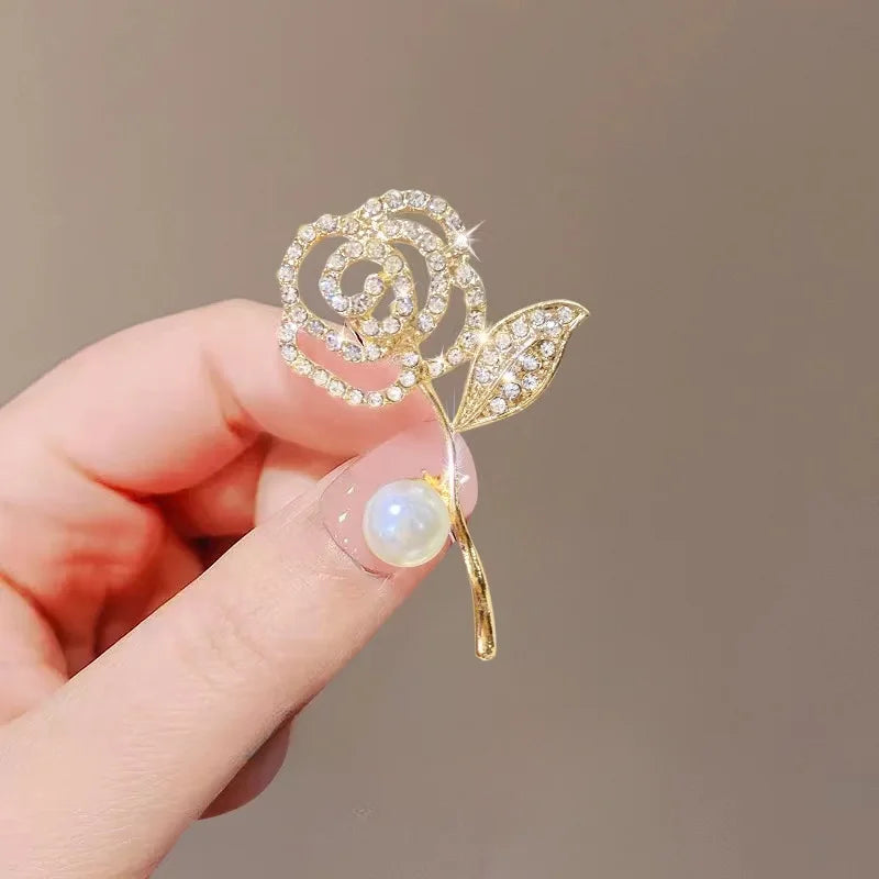 Elegant Gold Color Rose Flower Brooches For Women Girls Rhinestone CZ Luxury Women Accessories