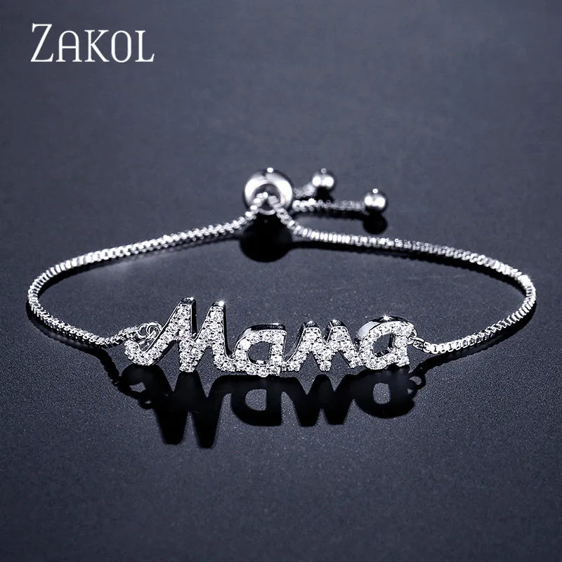 ZAKOL Exquisite Mother's Day Jewelry Gift Mom Letter Sparkling Micropaved Zirconia Gold Color Adjustable Chain Bracelets