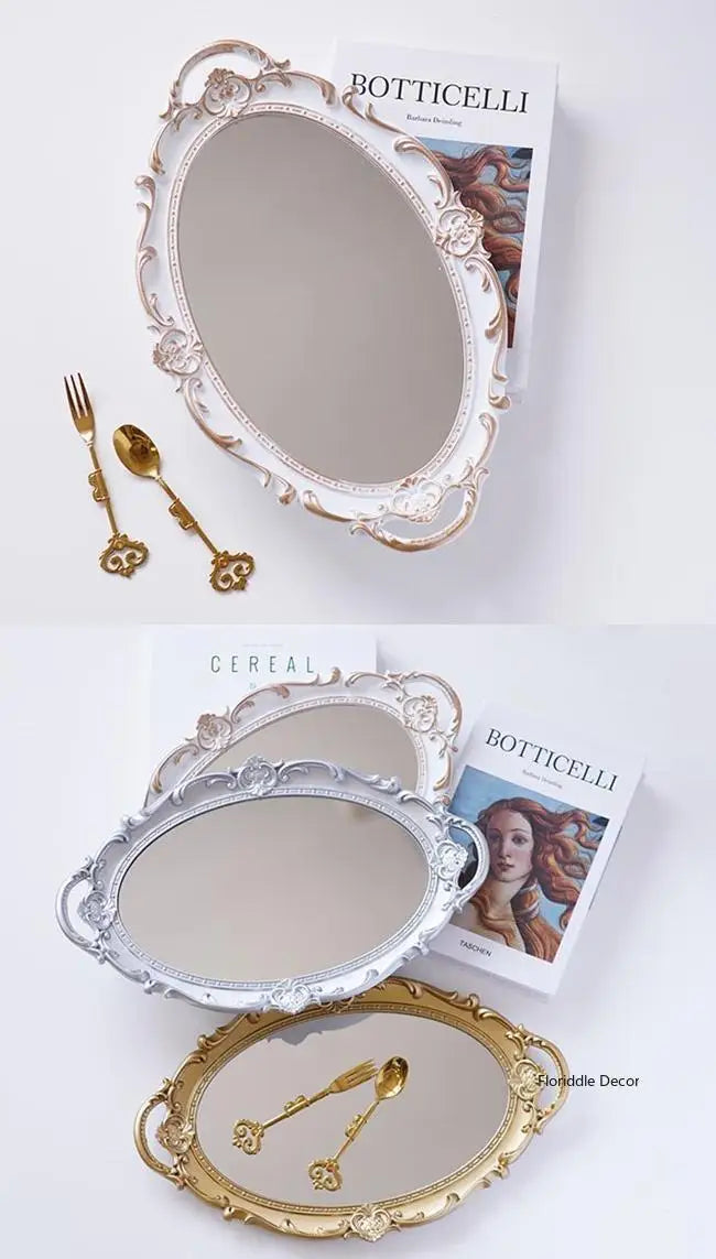 European Decorative Plate Storage Tray Oval Plate Jewelry Display Rotary Candy Decor Tray Mirror Decorative Make Up Mirror