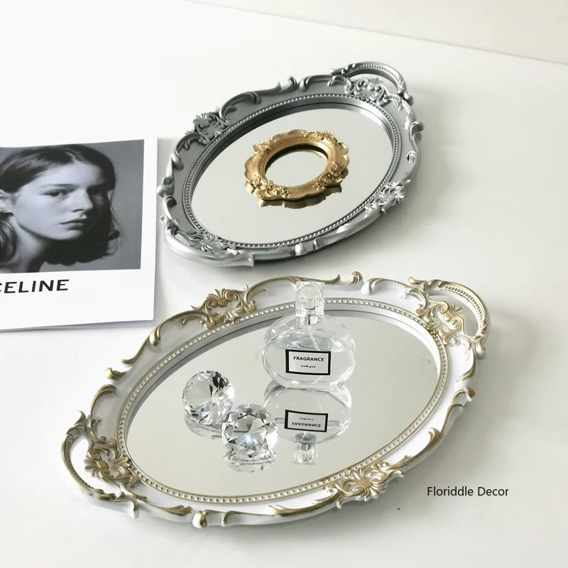 European Decorative Plate Storage Tray Oval Plate Jewelry Display Rotary Candy Decor Tray Mirror Decorative Make Up Mirror