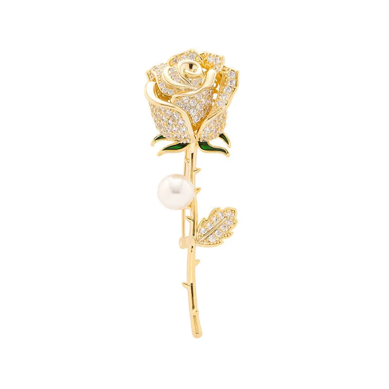 Elegant Gold Color Rose Flower Brooches For Women Girls Rhinestone CZ Luxury Women Accessories