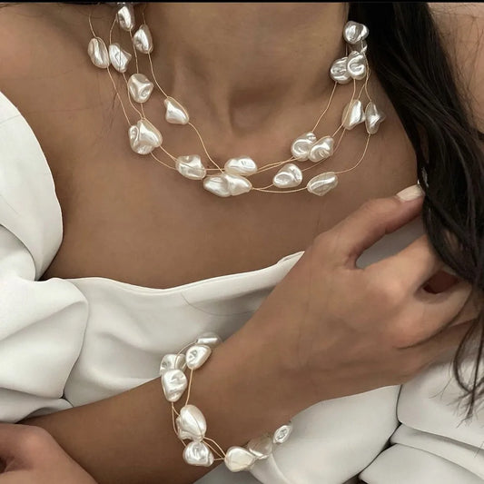 2pcs/set Hot  Irregular Imitation Pearl Chain Necklace Bracelet Jewelry Sets Unquie For Women Party Wedding Jewelry Gift S011