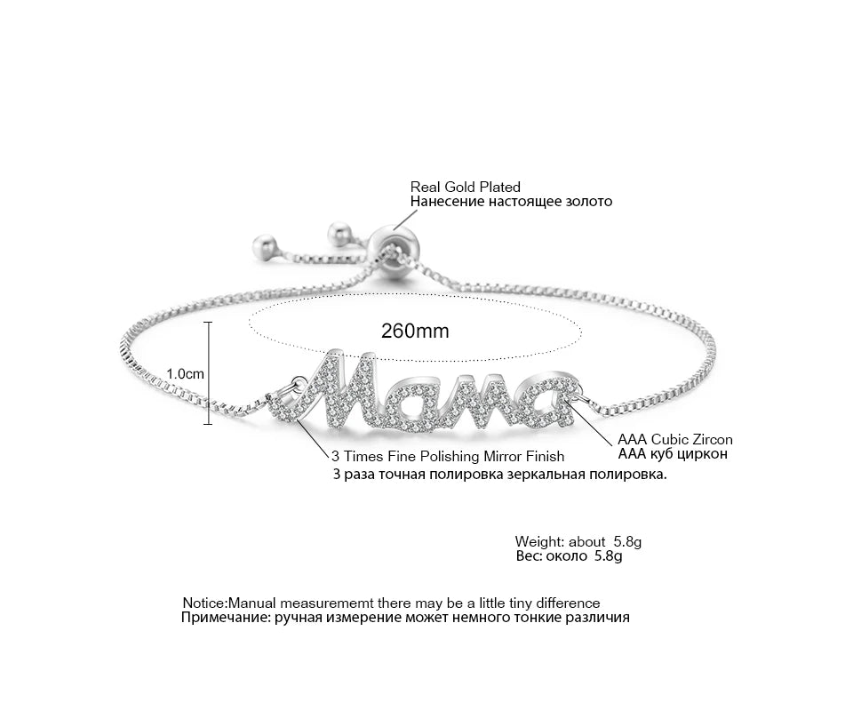 ZAKOL Exquisite Mother's Day Jewelry Gift Mom Letter Sparkling Micropaved Zirconia Gold Color Adjustable Chain Bracelets