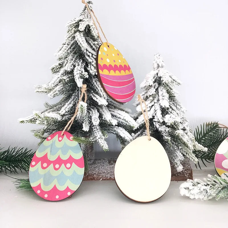 12pcs Wooden Rabbit Chick Pendants Creative Egg Hanging Ornament For 2024 Easter Home Party Decoration DIY Painting Gifts Supply