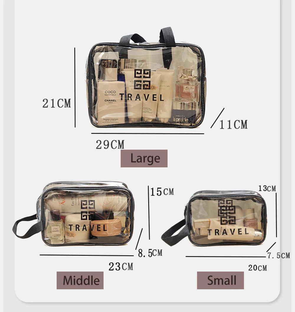 3PCS Portable Makeup Bag Large Capacity Make Up Brushes Lipstick Travel Cosmetics Storage Toiletry Bag Waterproof Transparent