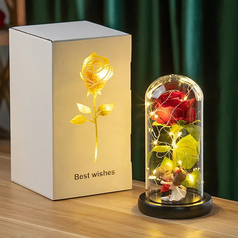 Artificial Rose with LED Light in Glass Dome