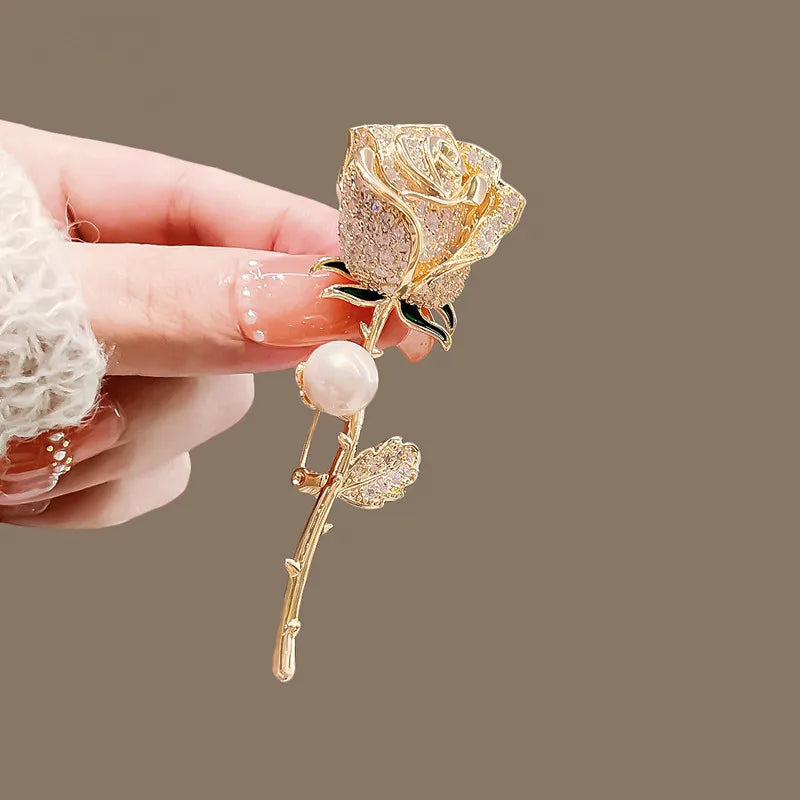 Elegant Gold Color Rose Flower Brooches For Women Girls Rhinestone CZ Luxury Women Accessories
