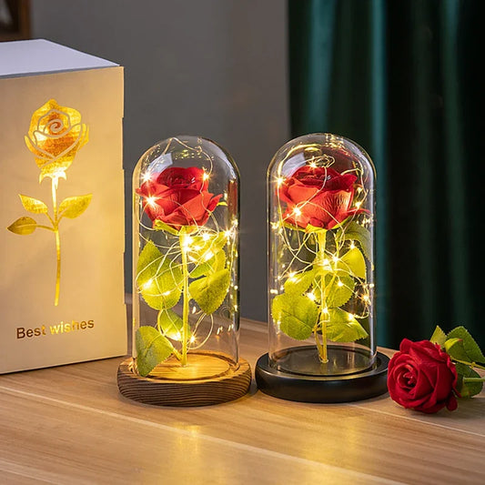 Artificial Rose with LED Light in Glass Dome