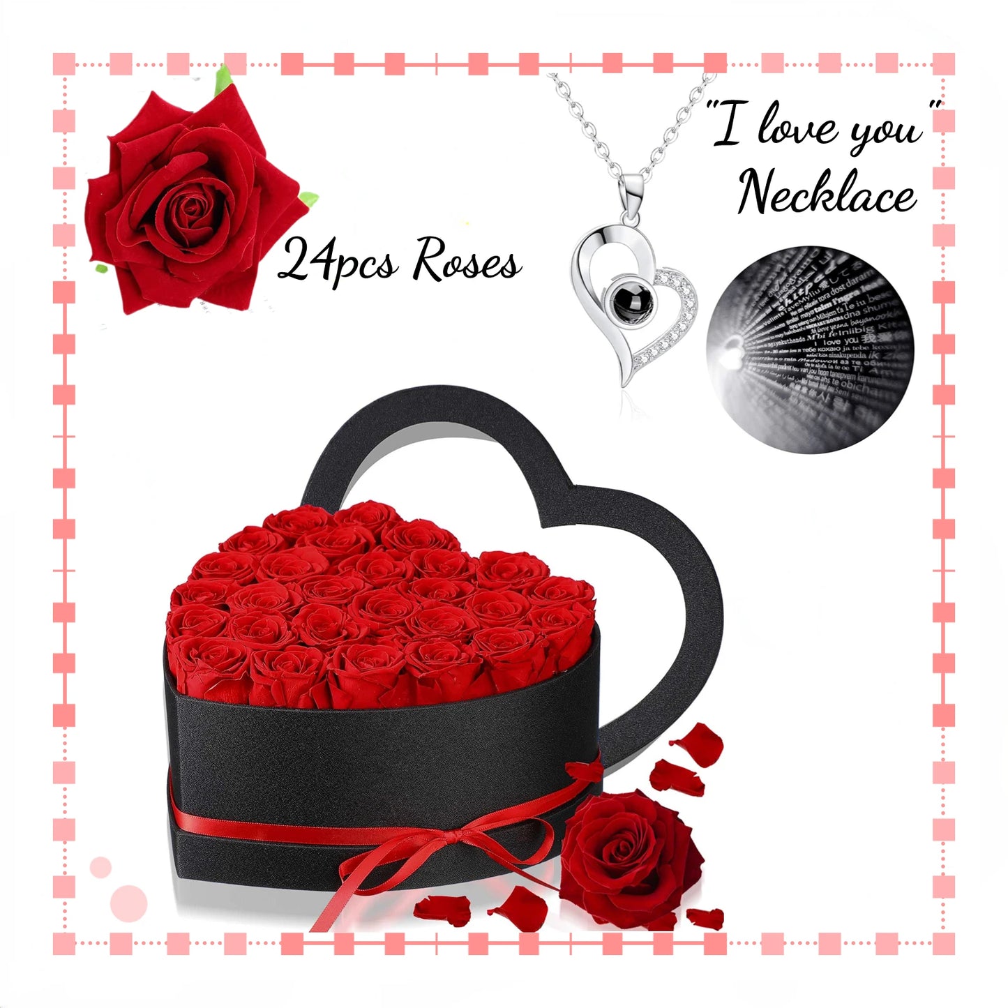 24pcs Artificial Rose Bouquet Heart Shape Rose Gift Box 100 Languages I Love You Necklace Eternal Roses Valentine's Gift for Her