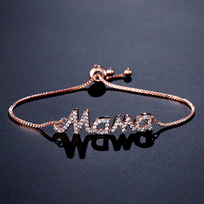ZAKOL Exquisite Mother's Day Jewelry Gift Mom Letter Sparkling Micropaved Zirconia Gold Color Adjustable Chain Bracelets