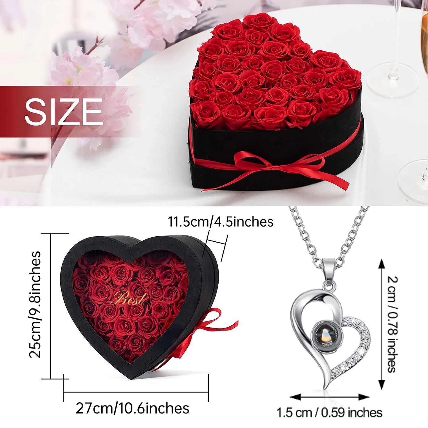 24pcs Artificial Rose Bouquet Heart Shape Rose Gift Box 100 Languages I Love You Necklace Eternal Roses Valentine's Gift for Her