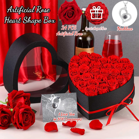 24pcs Artificial Rose Bouquet Heart Shape Rose Gift Box 100 Languages I Love You Necklace Eternal Roses Valentine's Gift for Her