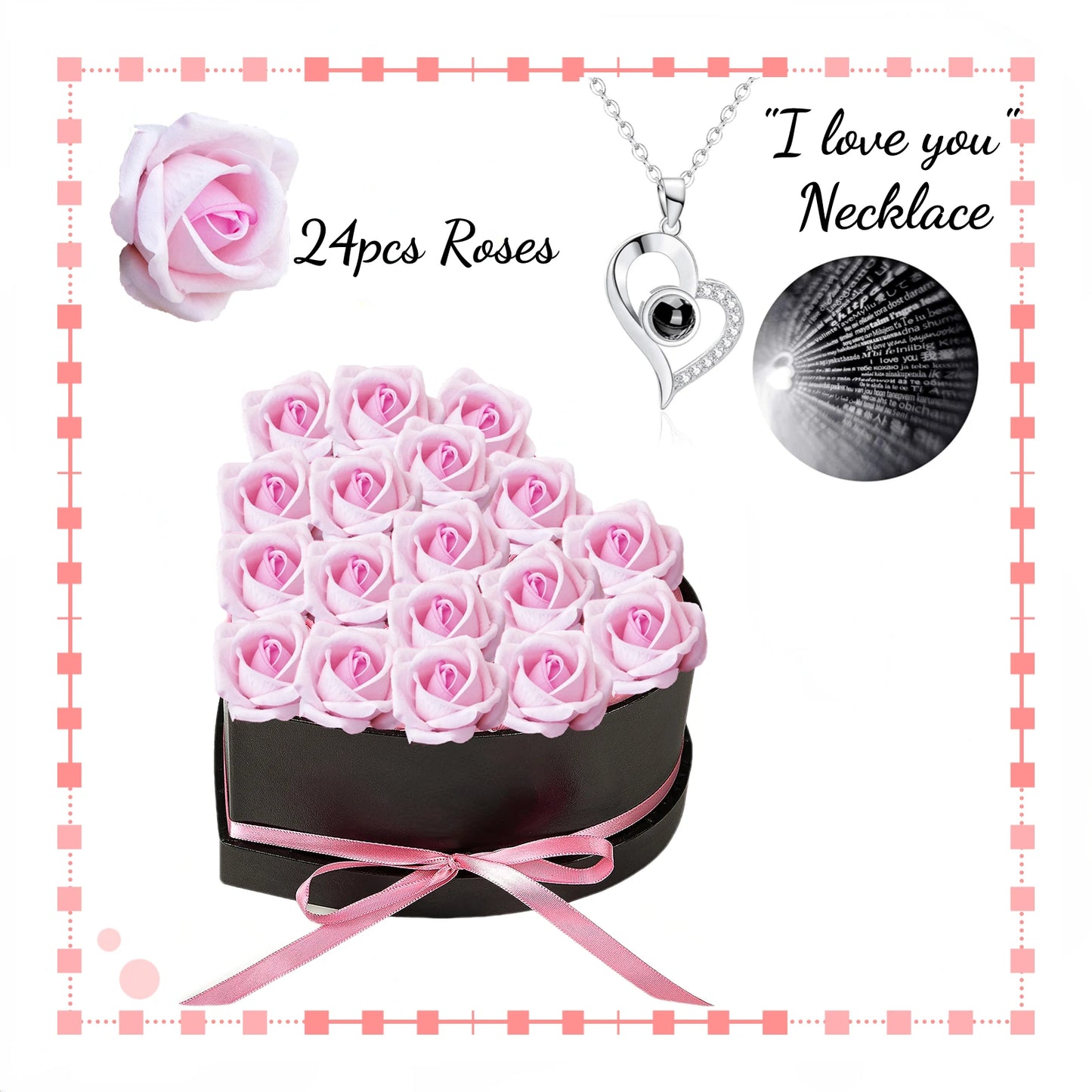 24pcs Artificial Rose Bouquet Heart Shape Rose Gift Box 100 Languages I Love You Necklace Eternal Roses Valentine's Gift for Her