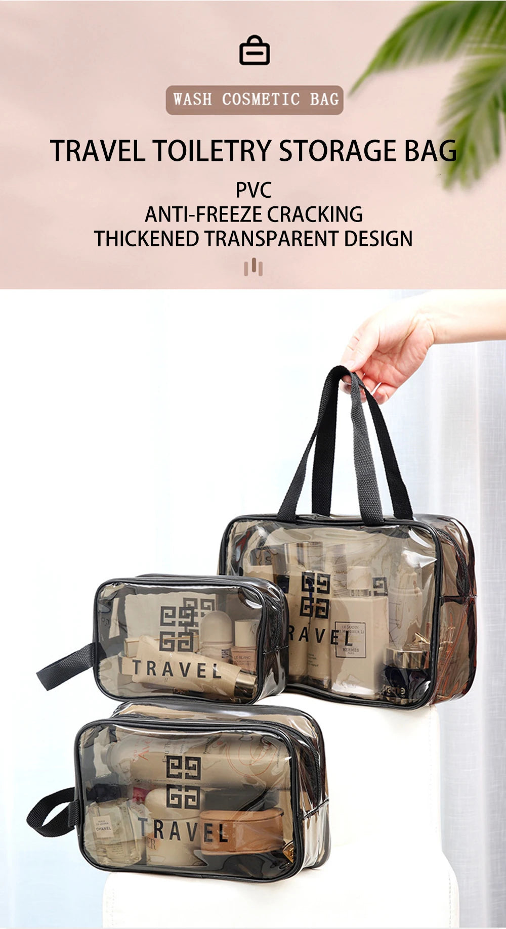 3PCS Portable Makeup Bag Large Capacity Make Up Brushes Lipstick Travel Cosmetics Storage Toiletry Bag Waterproof Transparent