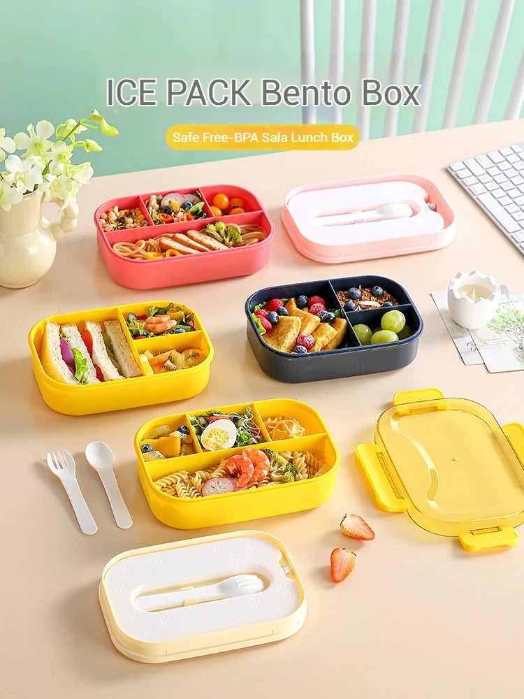 ICE Pack Bento Box Sauce Separation Fresh Sala Box ICE Lunch Box Leak-proof Picnic With Fork&Spoon For Kids School Office
