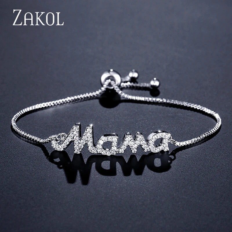 ZAKOL Exquisite Mother's Day Jewelry Gift Mom Letter Sparkling Micropaved Zirconia Gold Color Adjustable Chain Bracelets