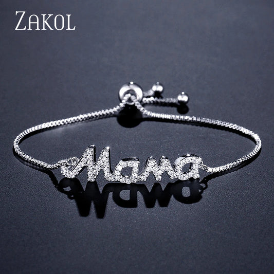 ZAKOL Exquisite Mother's Day Jewelry Gift Mom Letter Sparkling Micropaved Zirconia Gold Color Adjustable Chain Bracelets
