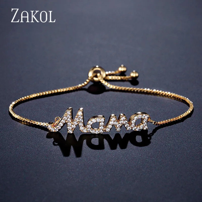 ZAKOL Exquisite Mother's Day Jewelry Gift Mom Letter Sparkling Micropaved Zirconia Gold Color Adjustable Chain Bracelets