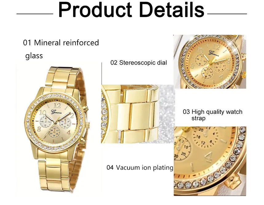 5 PCS Set Gold Watch Women Luxury Ring Necklace Earrings Rhinestone Fashion Wristwatch Female Casual Watches Bracelet Set
